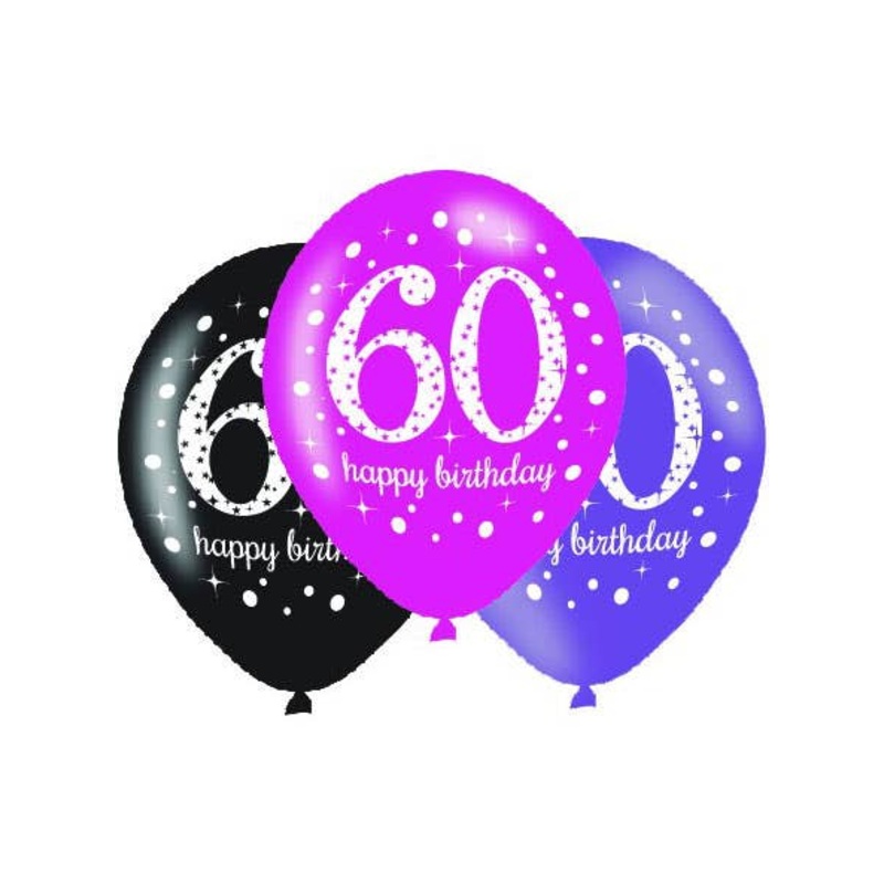 60th Birthday Black and Pink 6 Pack 30cm Latex Balloons