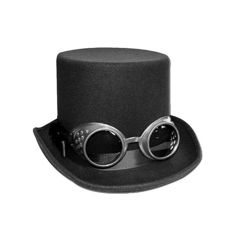 Deluxe Black Steampunk Top Hat with Goggles