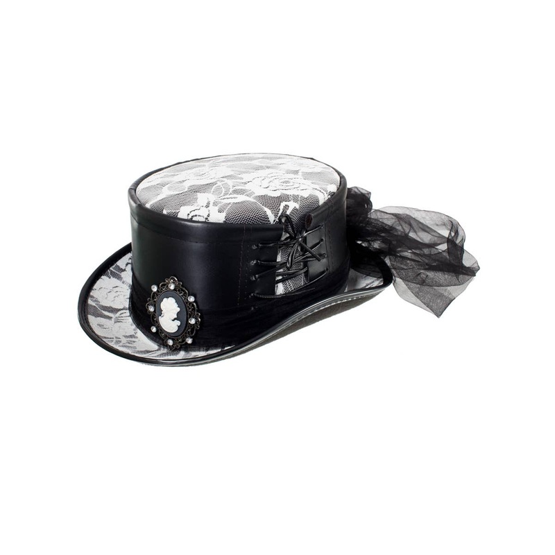 Deluxe Gothic Black and White Top Hat with Lace and Cameo