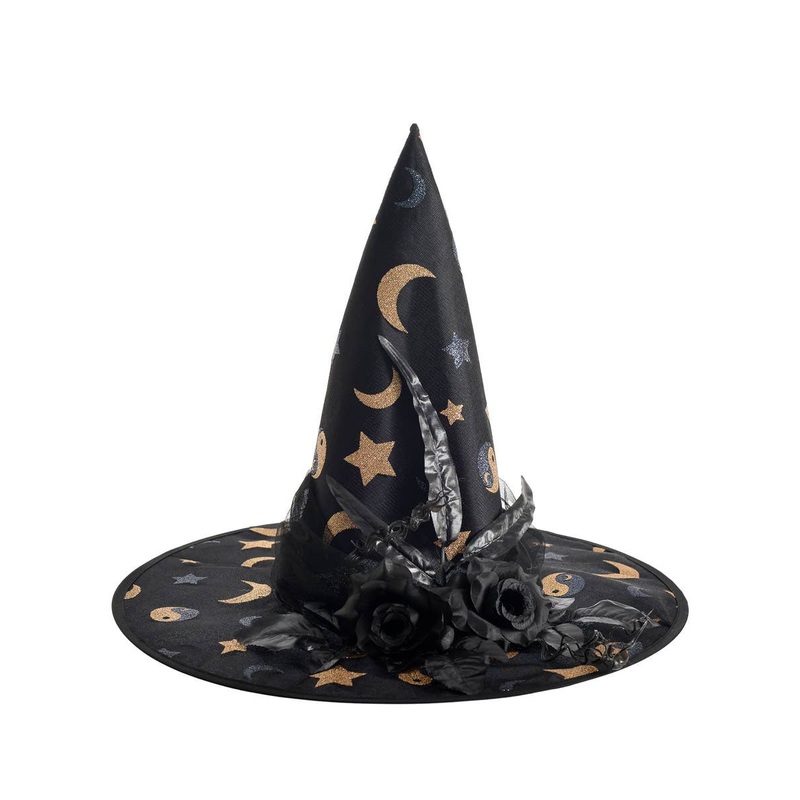 Floral Black and Gold Glitter Witch Costume Hat
