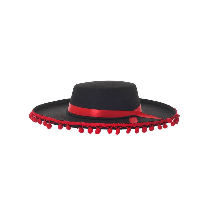 Spanish Matador Black Costume Hat with Red Pom Poms