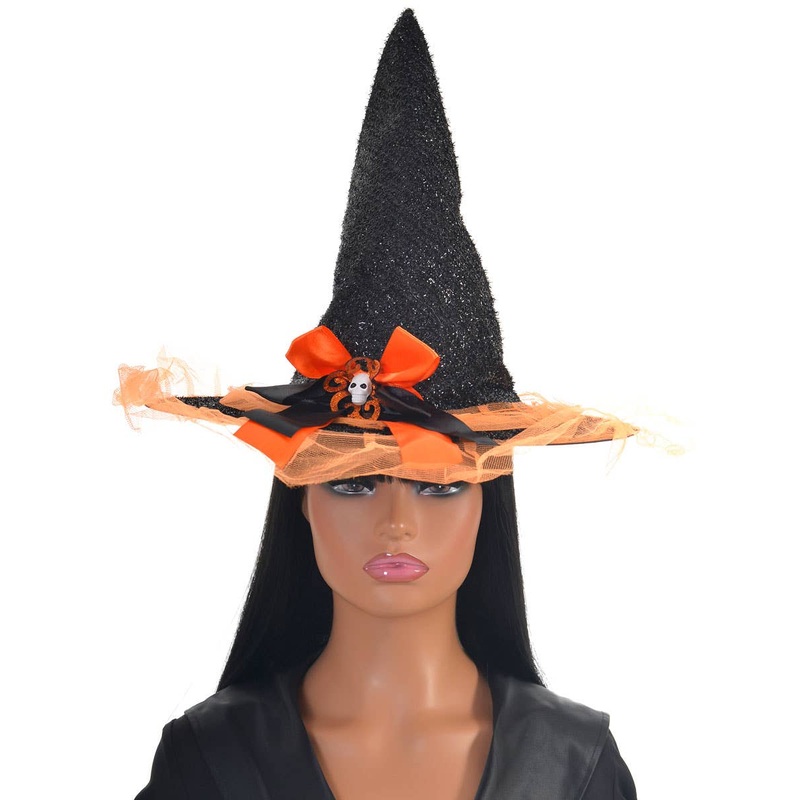 Sparkly Black and Orange Witch Hat with Bow