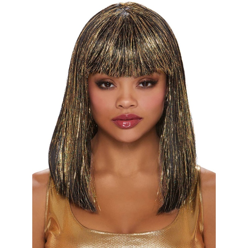 Straight Black Bob Womens Costume Wig with Gold Glitter Tinsel