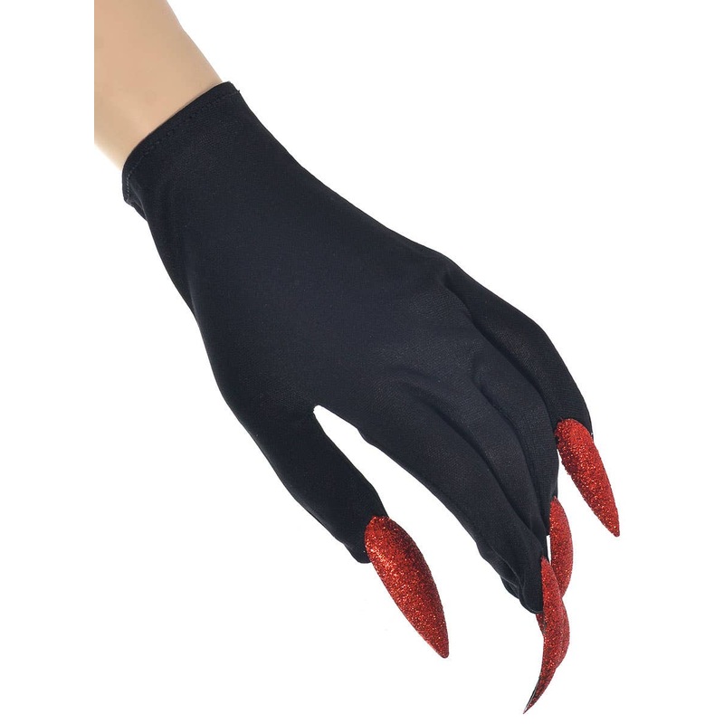 Wrist Length Black Witch Costume Gloves with Red Glitter Nails