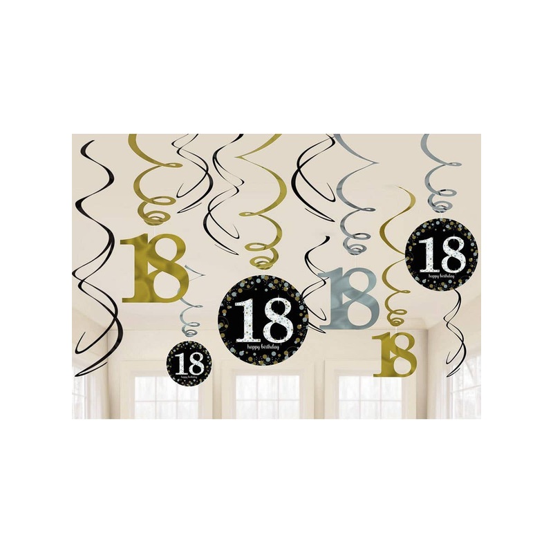 18th Birthday Black and Gold Spirals Hanging Decorations