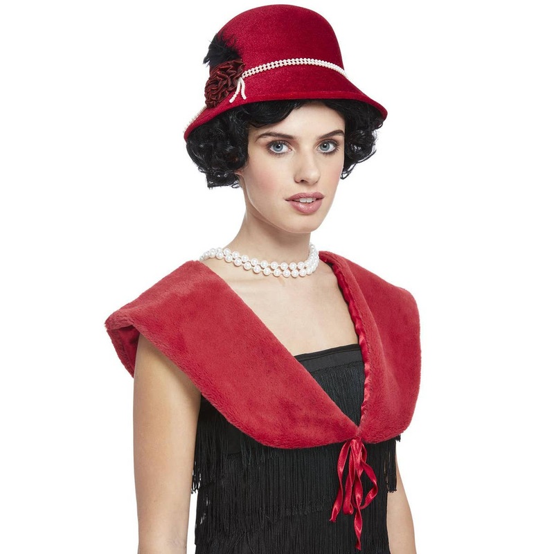 1920s Berry Red Faux Fur Shawl and Hat Costume Set