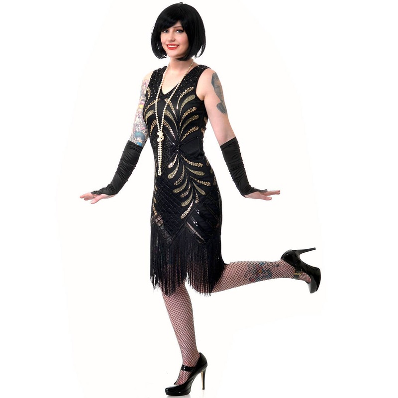 1920s Deluxe Black and Gold Sequin Womens Gatsby Costume Small