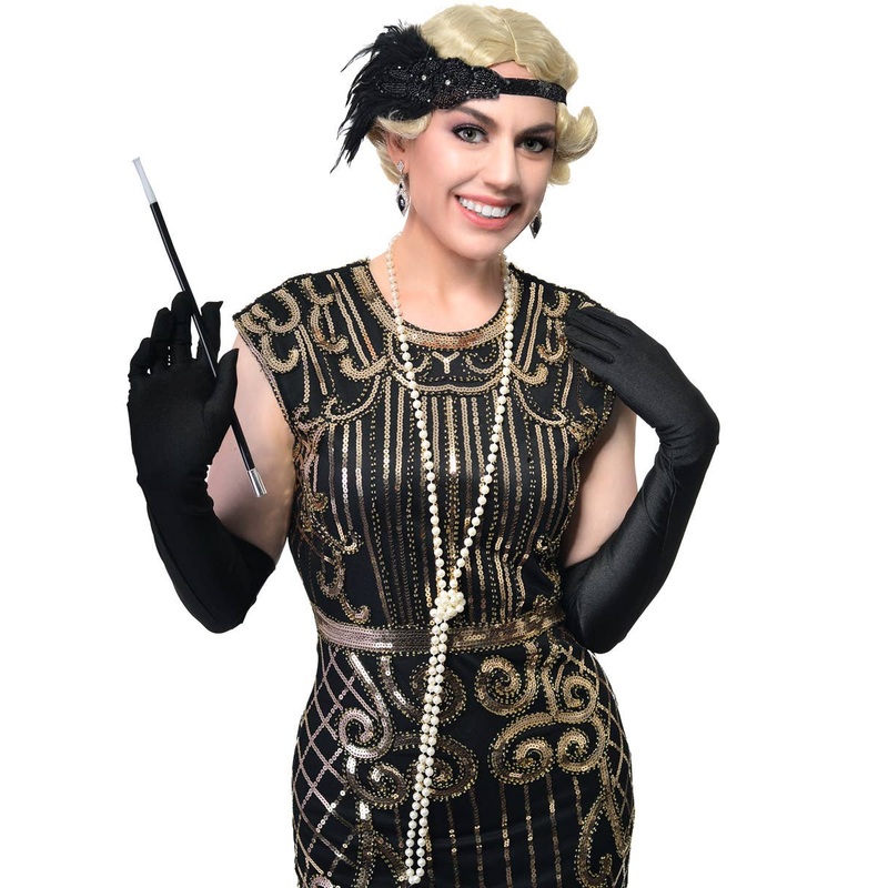 1920s Flapper Black Headband 5 Piece Accessory Set