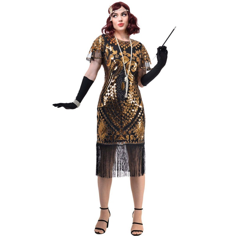 1920s Gold Plus Size Gatsby Costume Dress with Cap Sleeves 2X