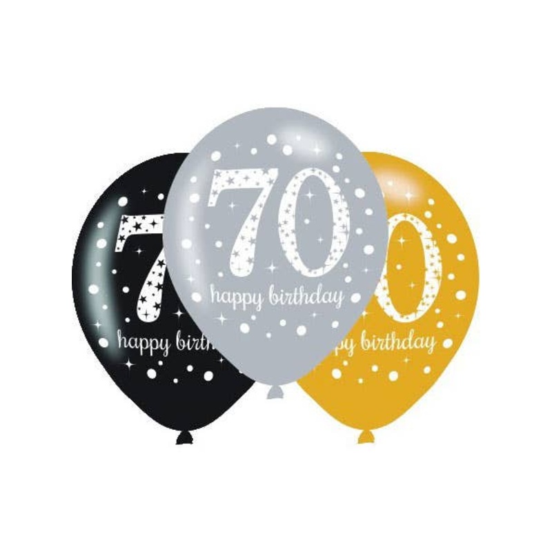 70th Birthday Black and Gold 6 Pack 30cm Latex Balloons