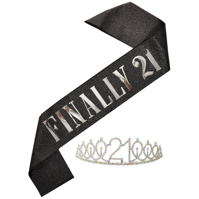 Black Sparkly Finally 21 Birthday Party Sash and Tiara
