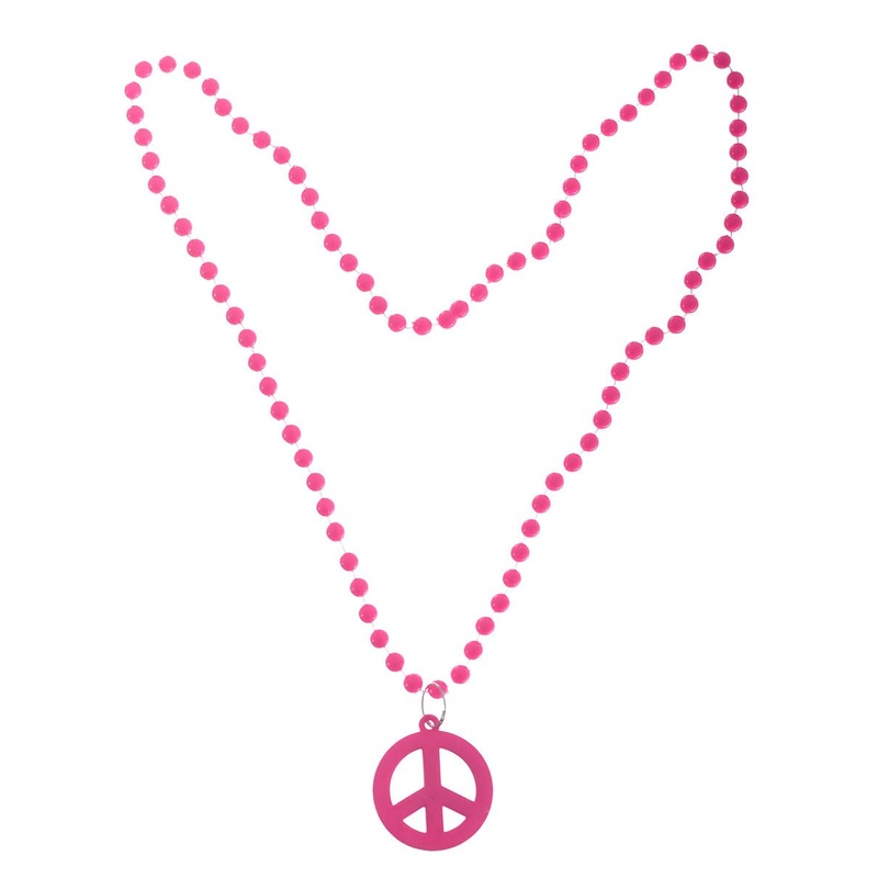 70s Hippie Pink Beaded Peace Sign Costume Necklace