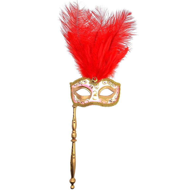 Baroque Fantasy Hand-Held Red Feather Masquerade Mask