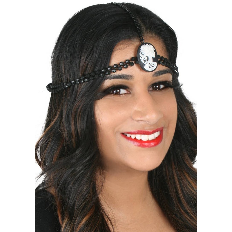 Beaded Black Head Chain with Skeleton Cameo