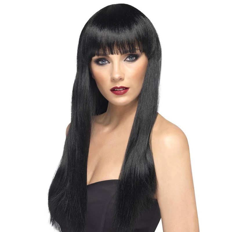 Beautiful Black Long Straight Womens Costume Wig with Front Fringe