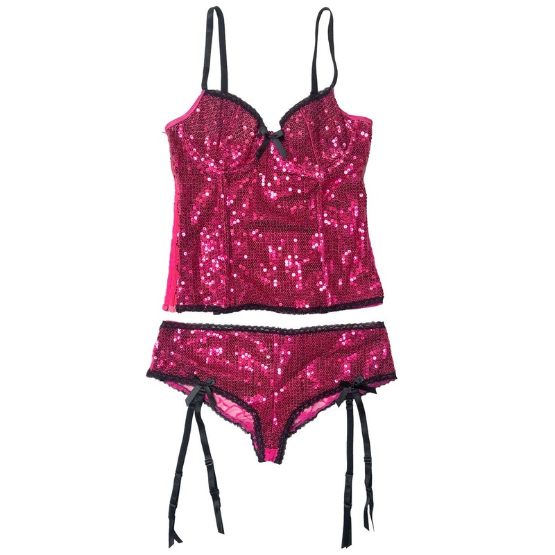 Burlesque Sequin Fuchsia Bustier and Panty Set – Size Small