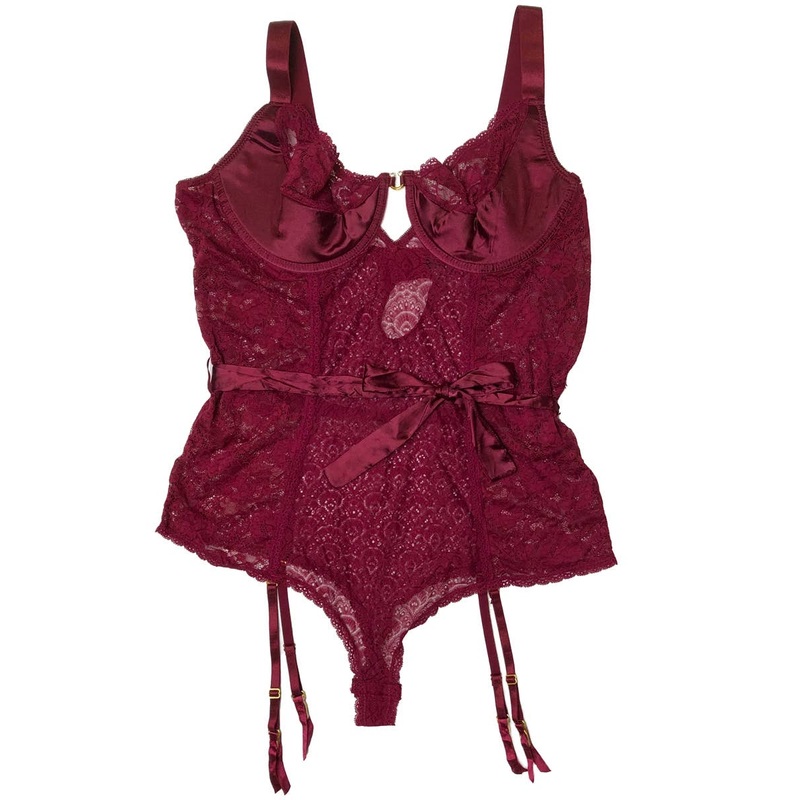 Sexy Plus Size Burgundy Lace Bodysuit With Satin Sash – Size 3X-4X
