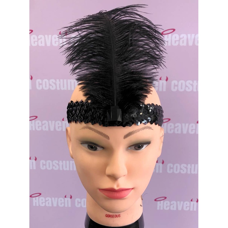 Black Feather Headpiece with Black Sequin Band and Gem