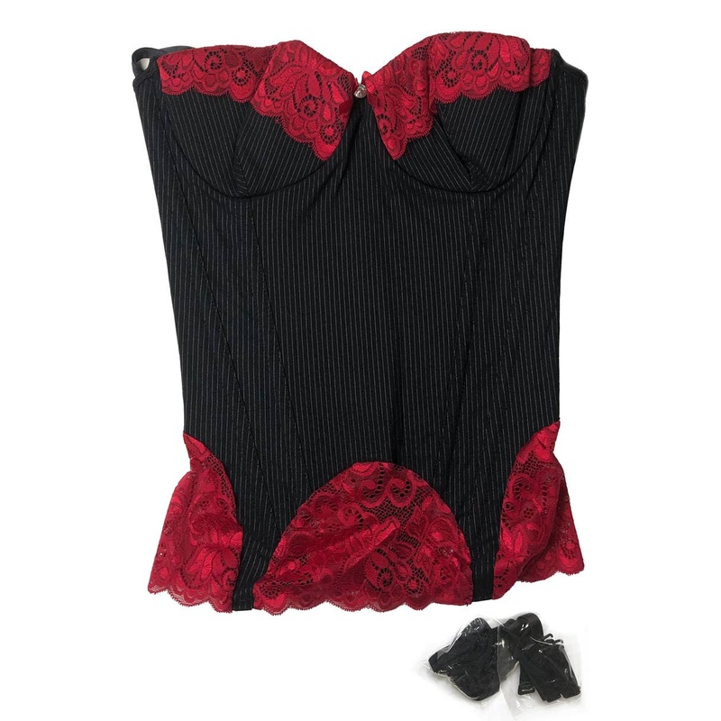 Black Sexy Pinstripe and Red Lace Burlesque Bustier – Size Small