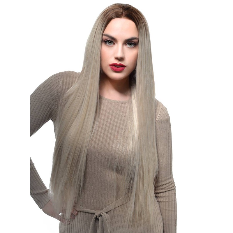 Ash Blonde Rooted Extra Long Straight Lace Front Fashion Wig