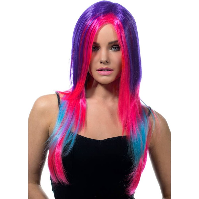 Deluxe Asha Long Purple Pink and Blue Womens Costume Wig