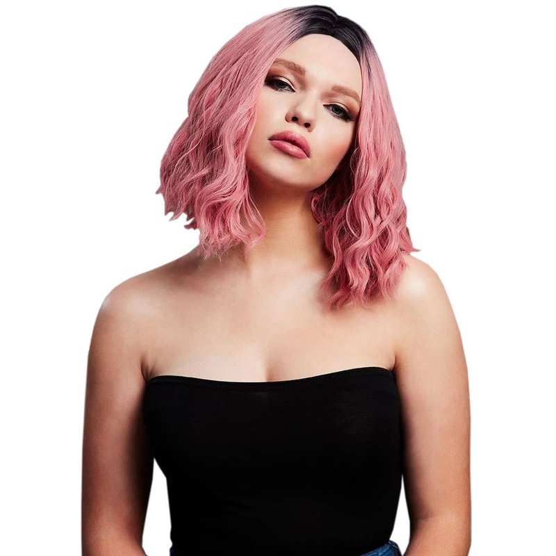 Short Wavy Ash Pink Bob with Dark Roots Womens Costume Wig