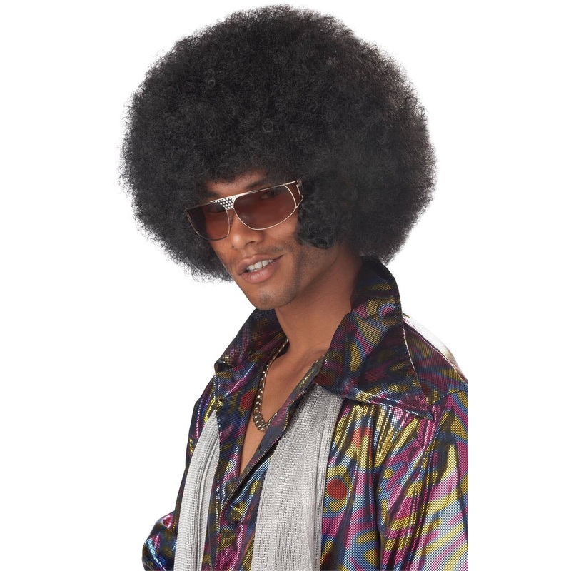 Afro Mens Black Frizzy Costume Wig With Sideburns