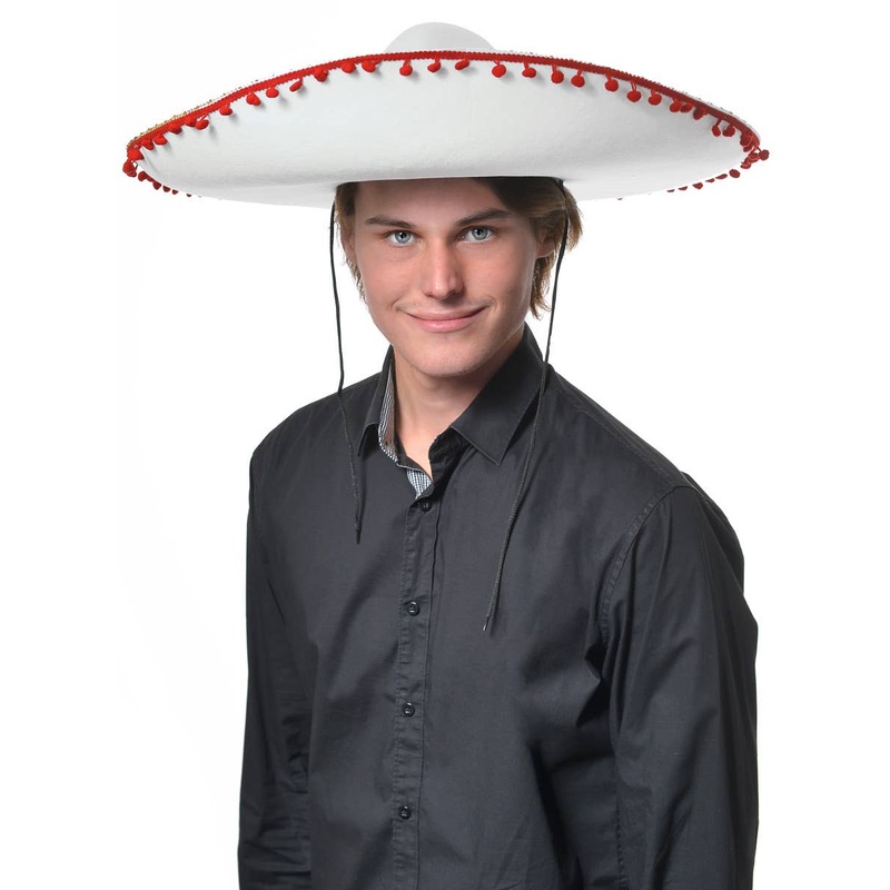 Large White Mexican Sombrero Costume Hat with Pom Poms