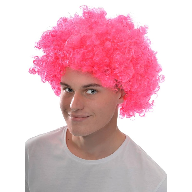 Curly Adults Neon Pink Afro Clown Costume Wig