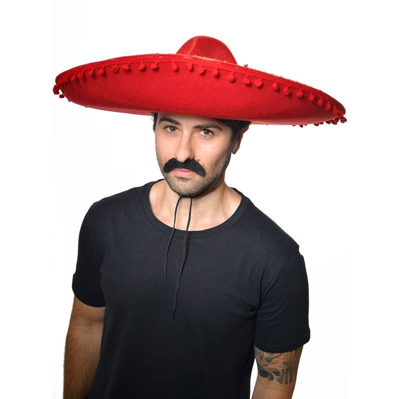 Large Red Mexican Sombrero Costume Hat with Pom Poms