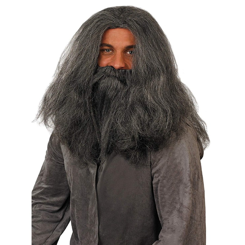 Dark Grey Mens Bushy Beard and Wizard Wig Set