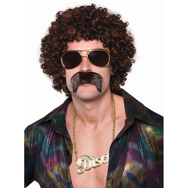 Disco Hound 70s Mens Curly Brown Wig and Moustache Costume Set