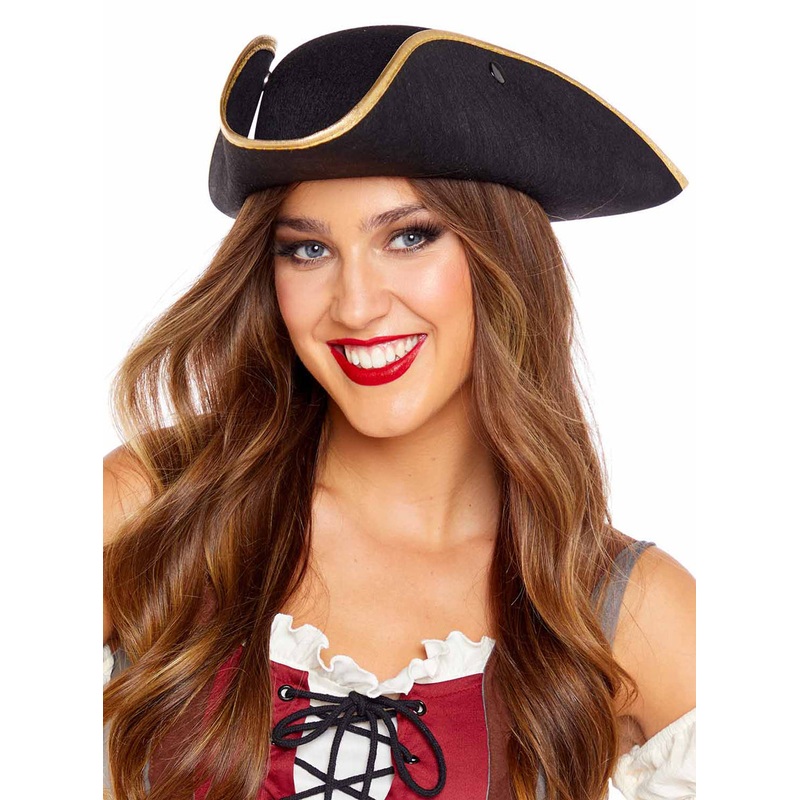 Savvy Adults Black Tricorn Pirate Hat with Gold Trim