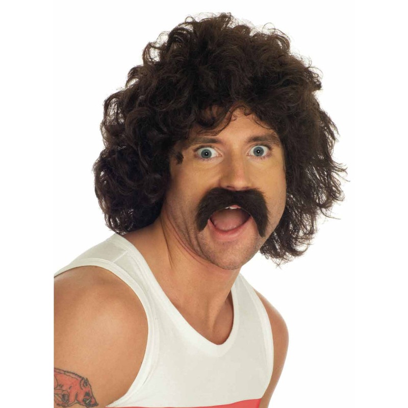 Shaggy Mens Brown Costume Wig and Moustache Set