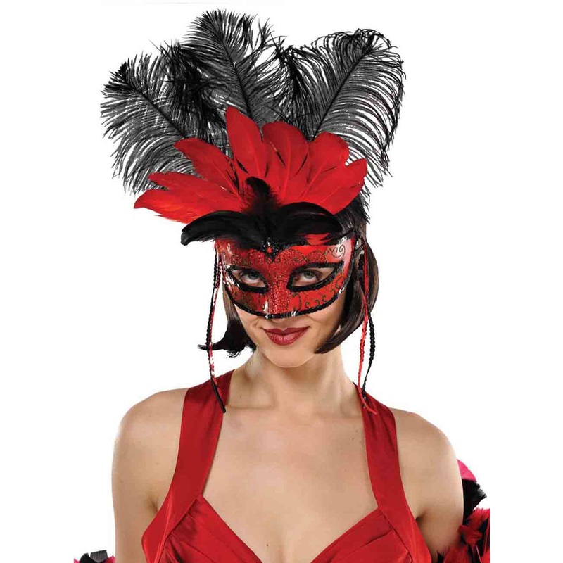Showgirl Red and Black Feather Masquerade Mask