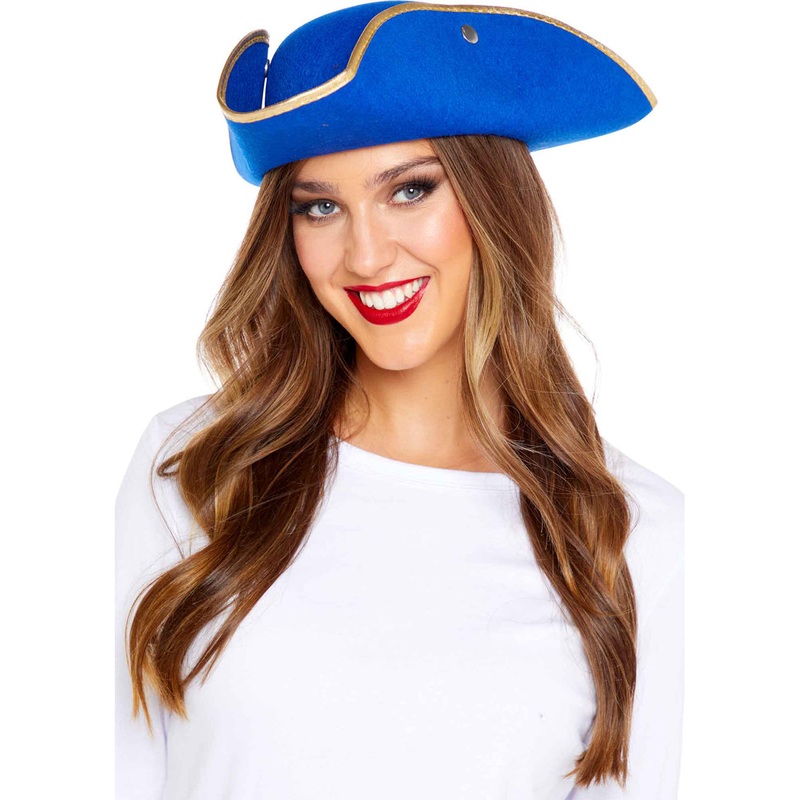 Swashbuckling Adults Blue Tricorn Pirate Hat with Gold Trim