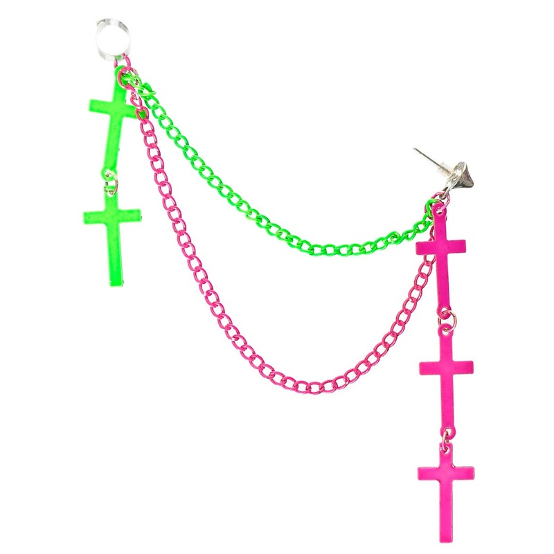 1980s Pink and Green Chains and Crosses Costume Earring Cuff