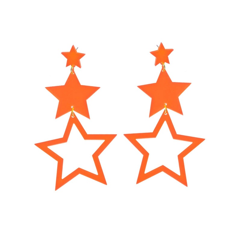 80s Neon Orange Dangling Star Costume Earrings