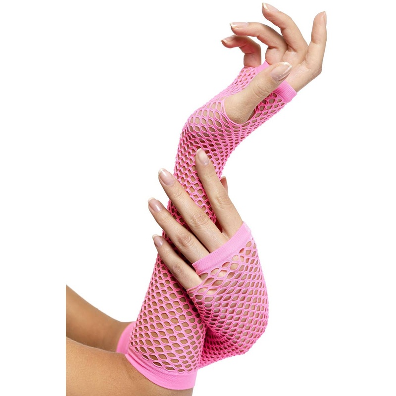 80s Neon Pink Fingerless Fishnet Gloves