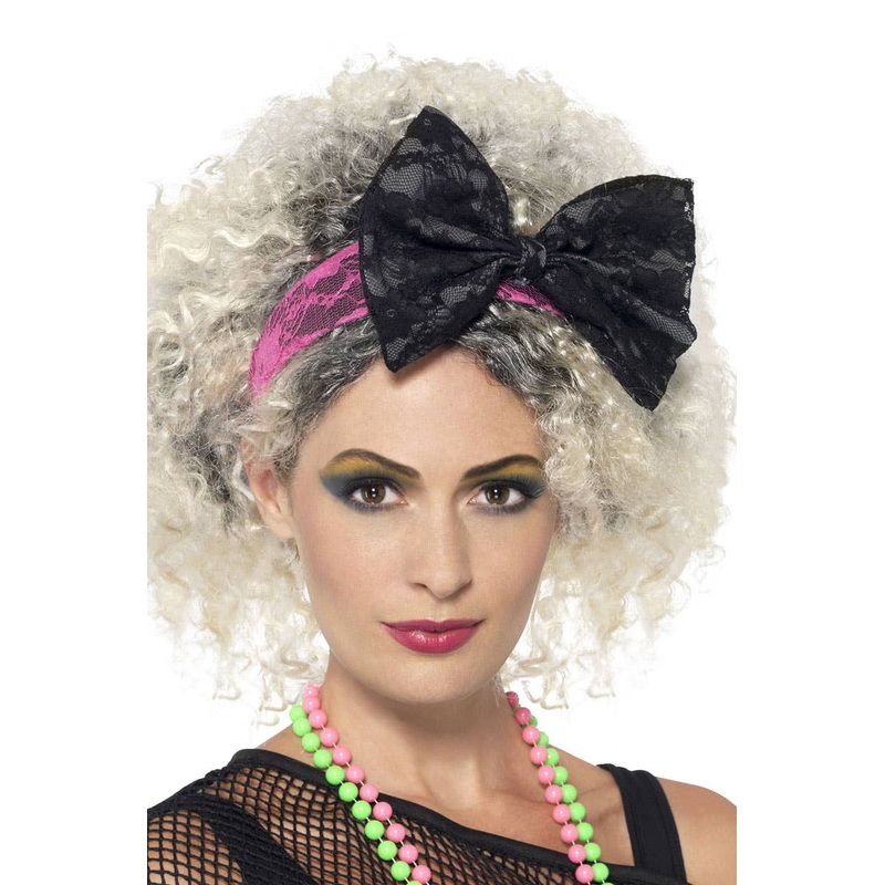 80s Pink and Black Lace Bow Headband Accessory