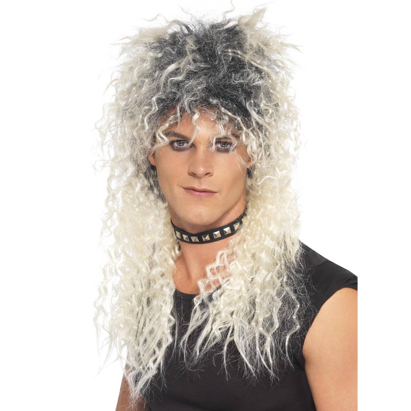 80s Rocker Mens Crimped Blonde Costume Wig with Roots
