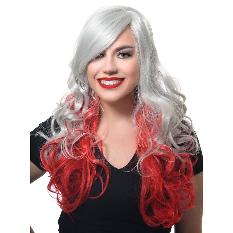 Deluxe Long Curly Grey and Red Womens Costume Wig
