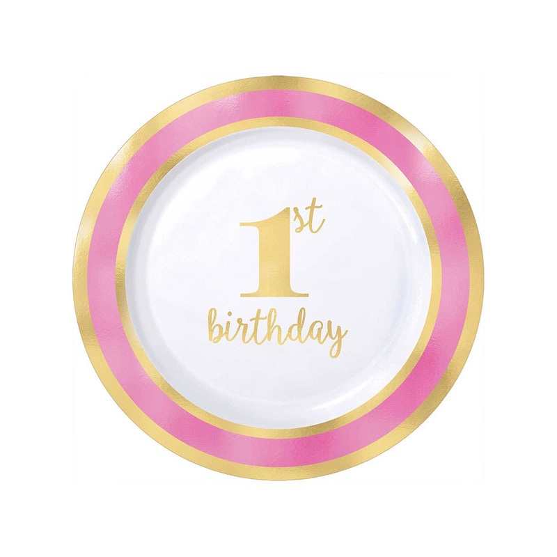 1st Birthday Girl Pink and Gold 8 Pack Plastic Plates