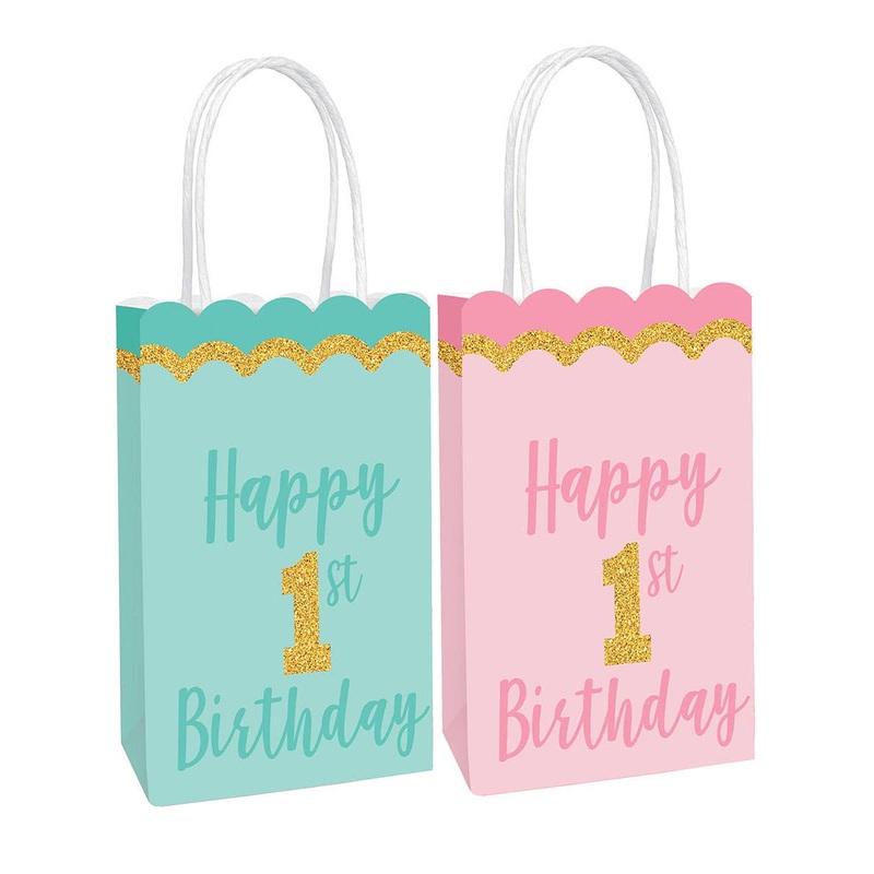 1st Birthday Green and Pink Pack of 8 Favour Bags