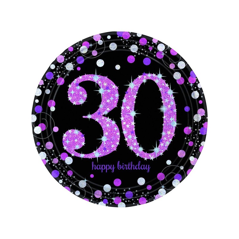30th Birthday Pink and Black 8 Pack 23cm Paper Plates