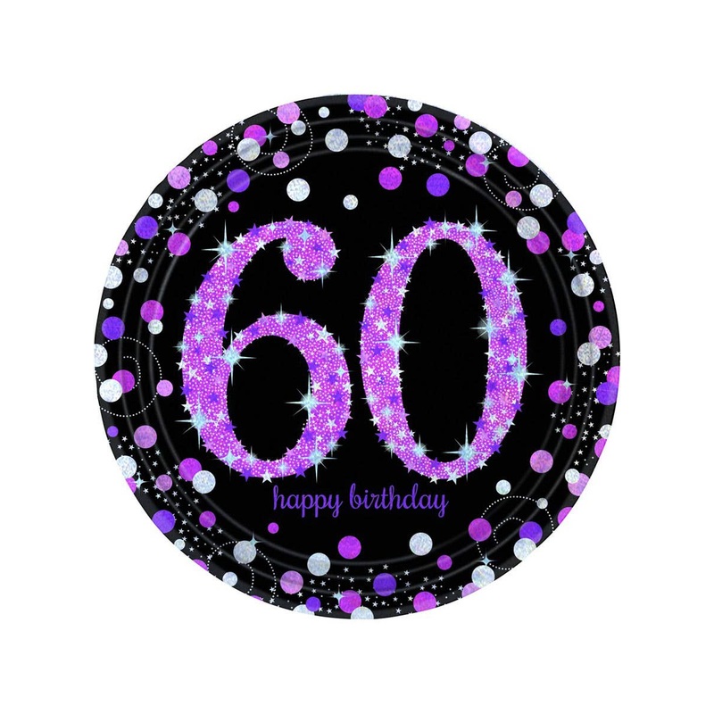 60th Birthday Black and Pink 8 Pack 23cm Paper Plates