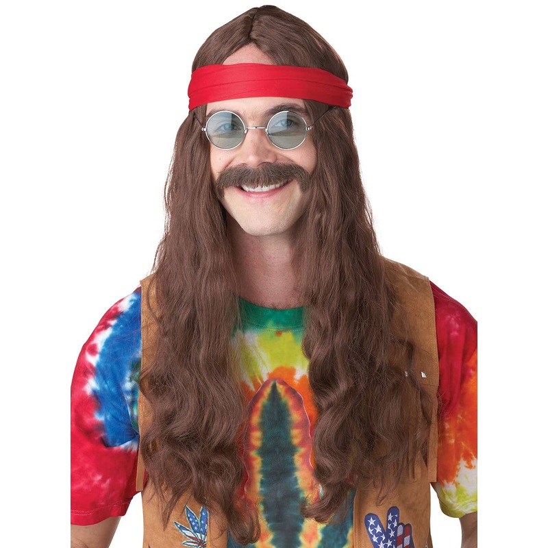70s Hippie Mens Brown Costume Wig with Moustache