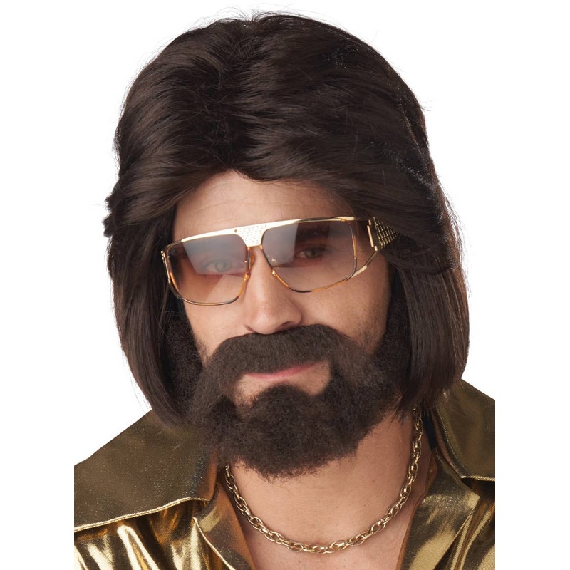 70s Mens Brown Costume Wig Beard and Moe Set