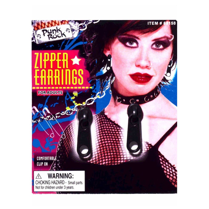 80s Clip On Black Zipper Costume Earrings