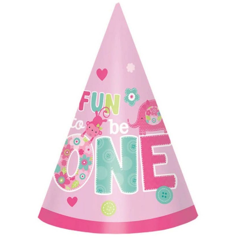 One Wild Girl 1st Birthday 8 Pack Pink Paper Cone Hats